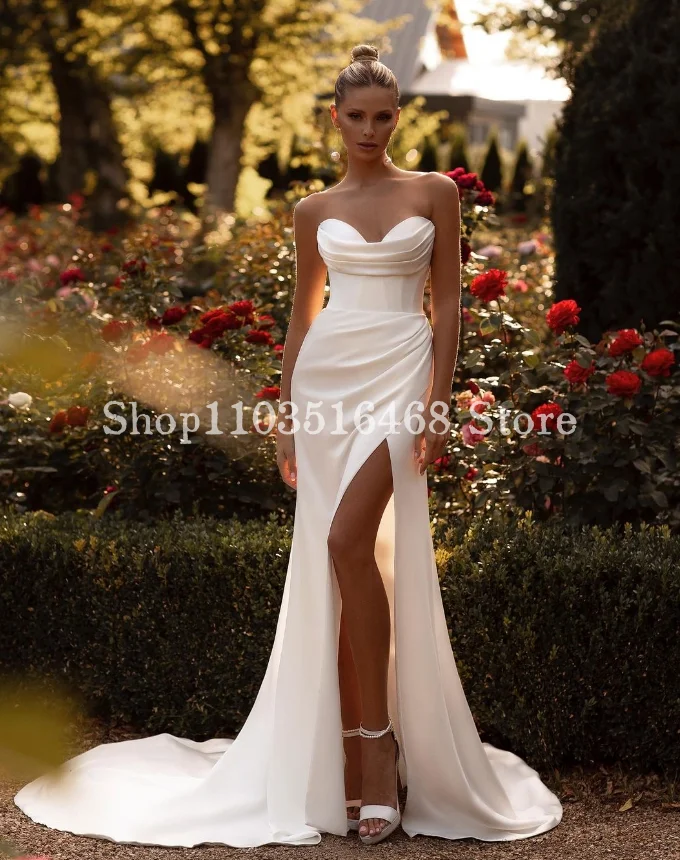 Elegant Sheath Mermaid Wedding Dress 2024 Luxury White Satin Split Customised Long Bridal Gown Vestidos De Noche