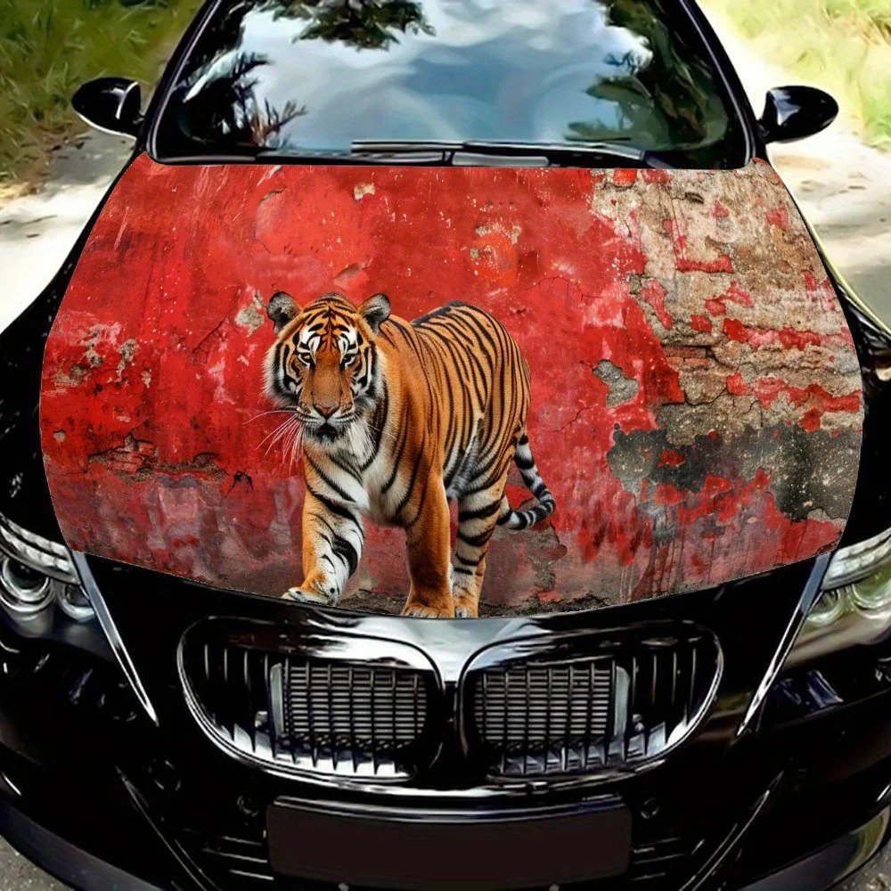 

Old Red Wall Walking Tiger Car Hood Vinyl Wraps Sticker, Car Engine Decal, Waterproof Self-adhesive Car Packaging Cover, Univers