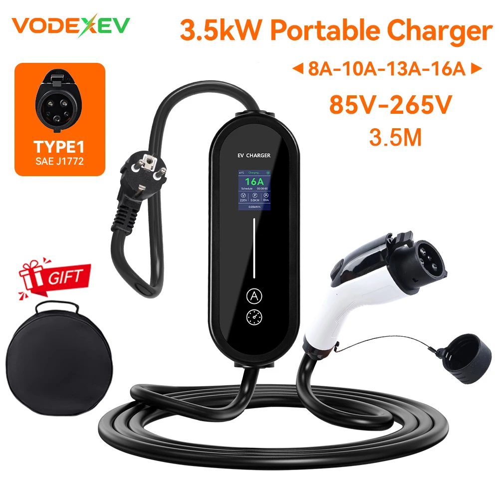 

VODEXEV 3.5KW Type1 Portable EV Charger 1Phase EU Plug EVSE Charging 8A-10A-13A-16A Current Adjustable Electric Vehicle Charging