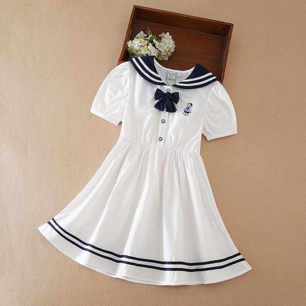 

Girls Dress 100% Cotton White Sailor Back to School Dress Suitable for 5-12 Years Old Girls Short Sleeved Summer Dresses