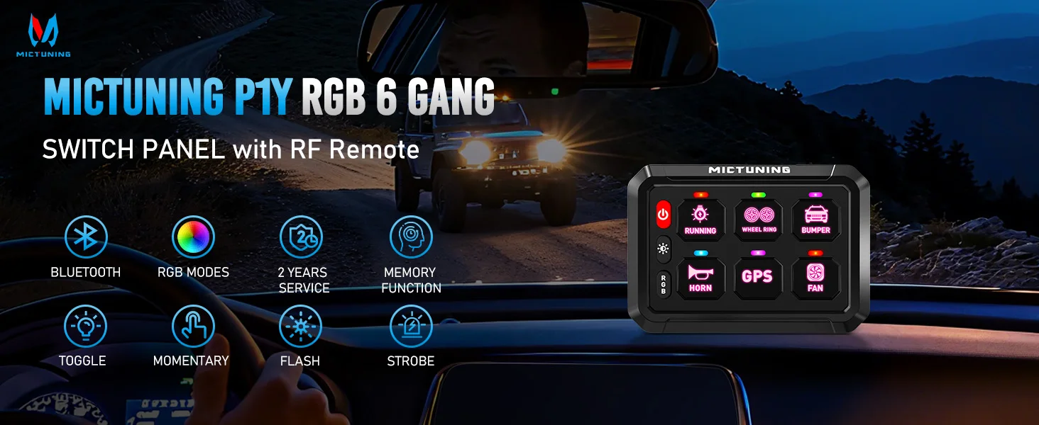 MICTUNING P1Y RGB 6-Gang-Schalttafel mit kabelloser Fernbedienung und App-Steuerung, Fernbedienung bis zu 230 Fuß, 12 V/24 V für LKW, Wohnmobil, Offroad – Detail 2