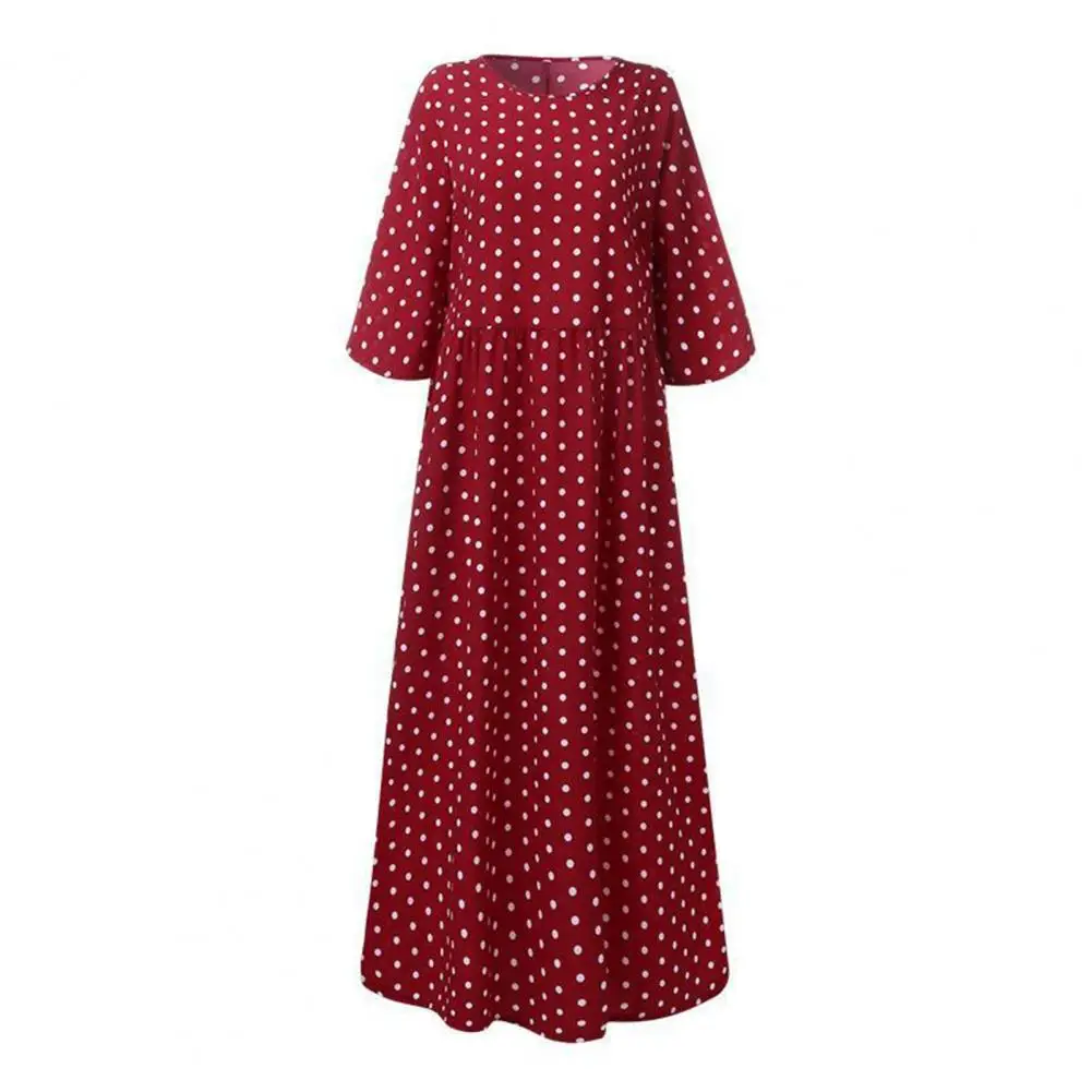 女性のドットプリントマキシドレス夏クルーネックボヘミアンスイングサンドレスカジュアル半袖流れるロングドレス日常服