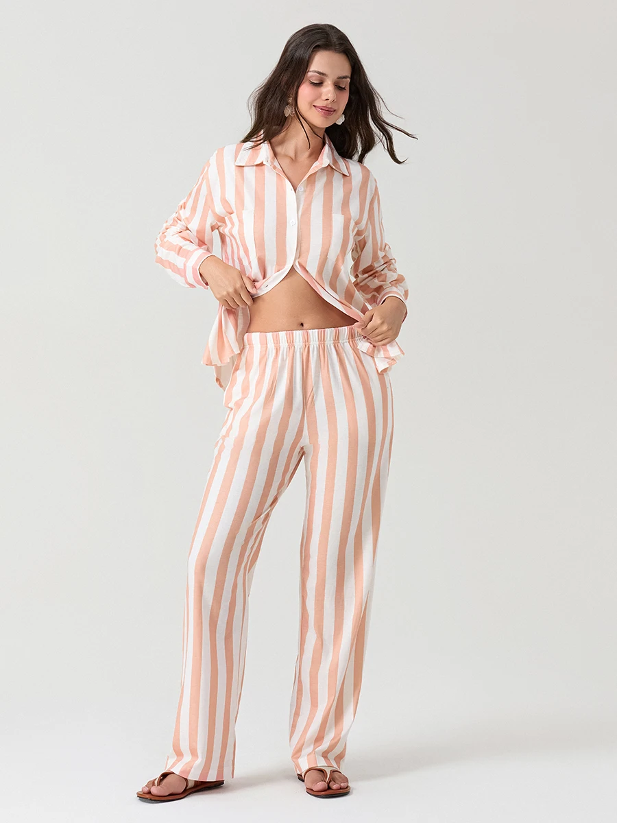 Conjunto de pijamas de 2 peças para mulheres, estampa listrada, camisa de botão, calça elástica, loungewear, pijamas macios