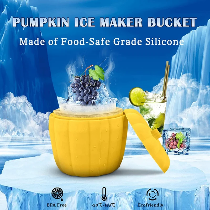 2PCS Silicone Ice Bucket Pumpkin Shaped Ice-Cube Maker Yellow Silica Gel With Lid Ice-Cube Mold Tray For Chilling Beer Drinks