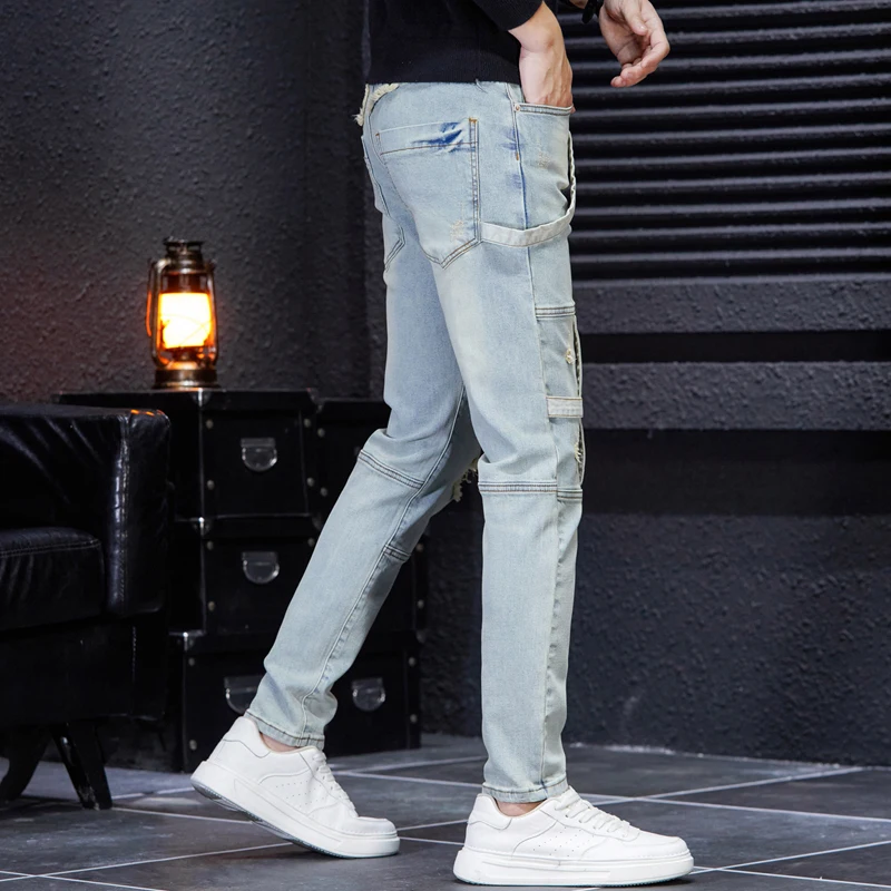 2024 New Street Pants Men's American Washed Casual Jeans Straight Tight Stitching Motorcycle Trendy Pants