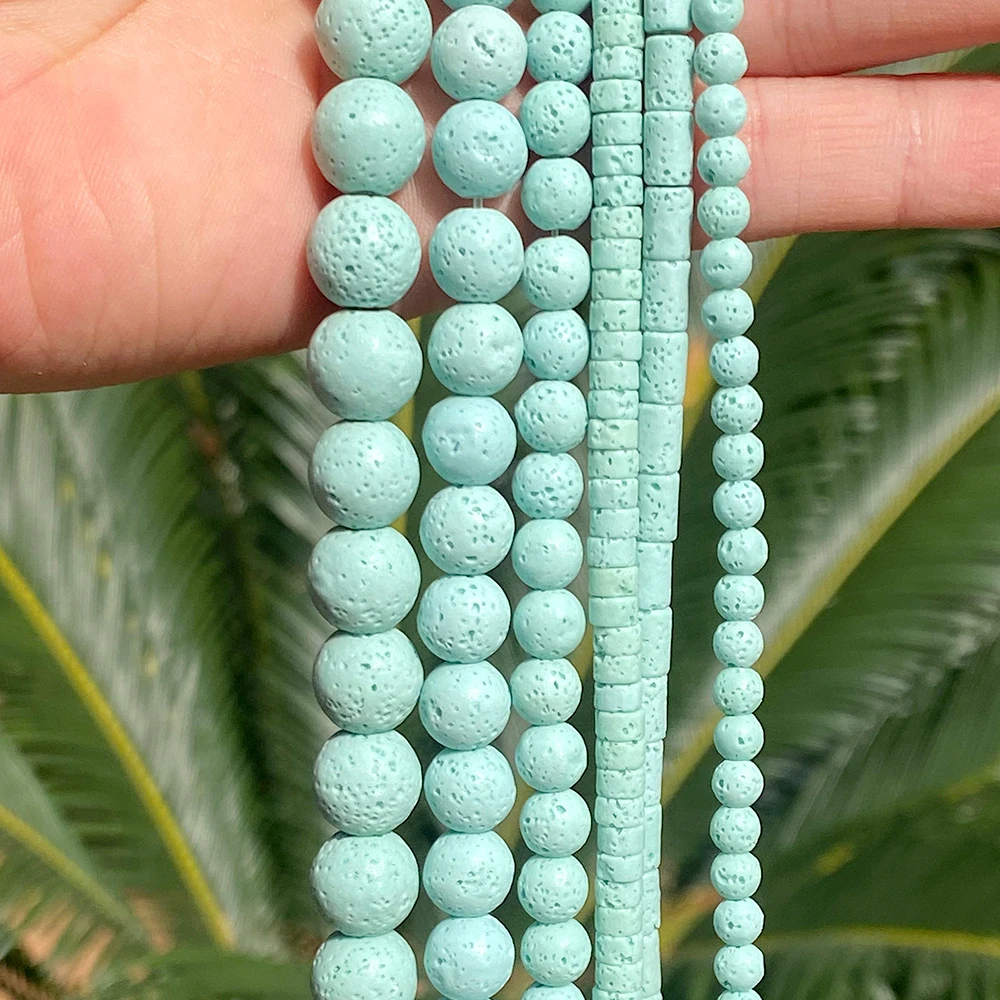 Perle ronde en pierre de boulier de lave de roche volcanique bleue de lac naturel pour la fabrication de bijoux, entretoise ample, collier et Bracelet faits à la main de 15 pouces