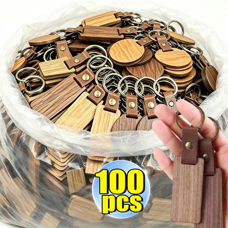 2/100Pcs Blank Wooden Keychains Leather Keychains for Engraving Blanks Keychain with Container for DIY Employee Gifts Craft