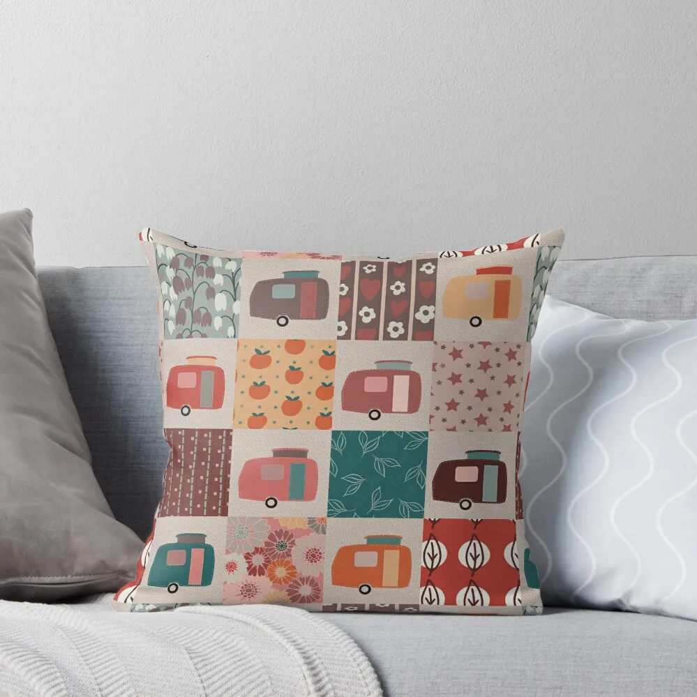 

Colourful Patchwork of Vintage Caravans Throw Pillow autumn pillowcase christmas supplies Sofa Cushion Cover pillow