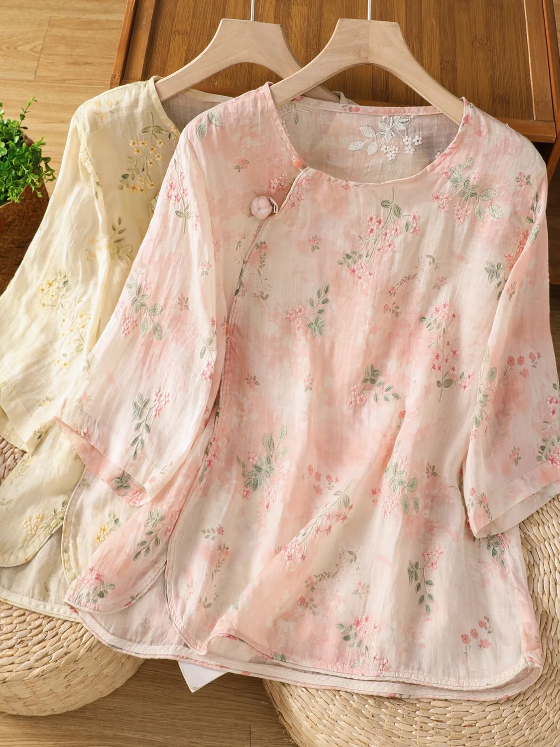 

Retro Chinese Sle Linen Printed Embroidered irt Women Summer Tea Clothing round Ne Button up Top Breathable Loose Fit