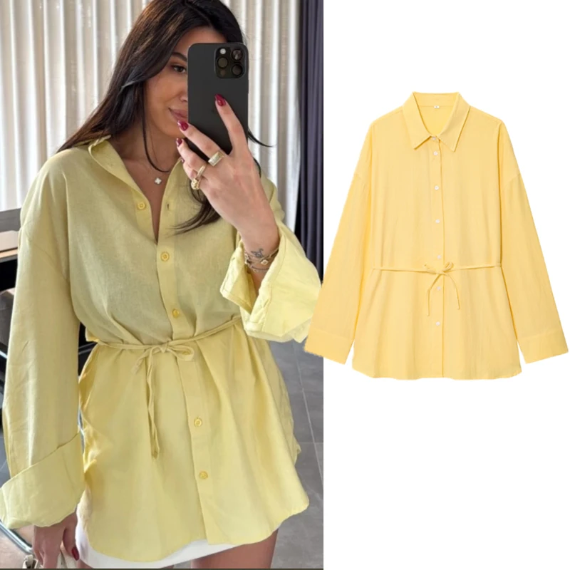 

Женская желтая блузка оверсайз с длинным рукавом, новинка весны 2026, повседневная однотонная блузка с завязками и бантом, модная женская одежда