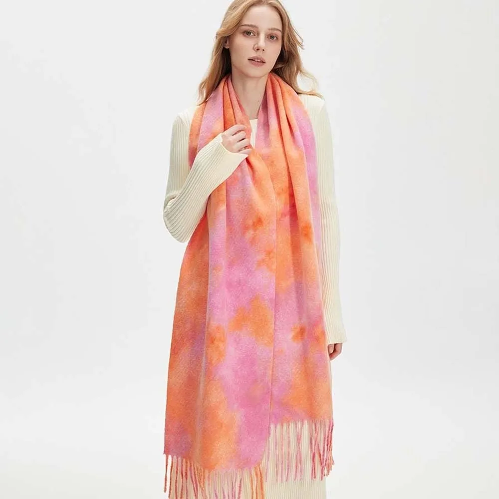 Long Tassel Tie Dye Scarf Western Style Boucle Knit Fringe Wraps Vibrant Hue Thick Fabric Gradient Shawl Street Styling