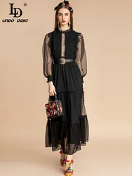 LD LINDA DELLA Summer Fashion Runway Dress Women's Balck polka dot Lantern sleeve Sashes Mesh Party Vintage Dresses Vestidos