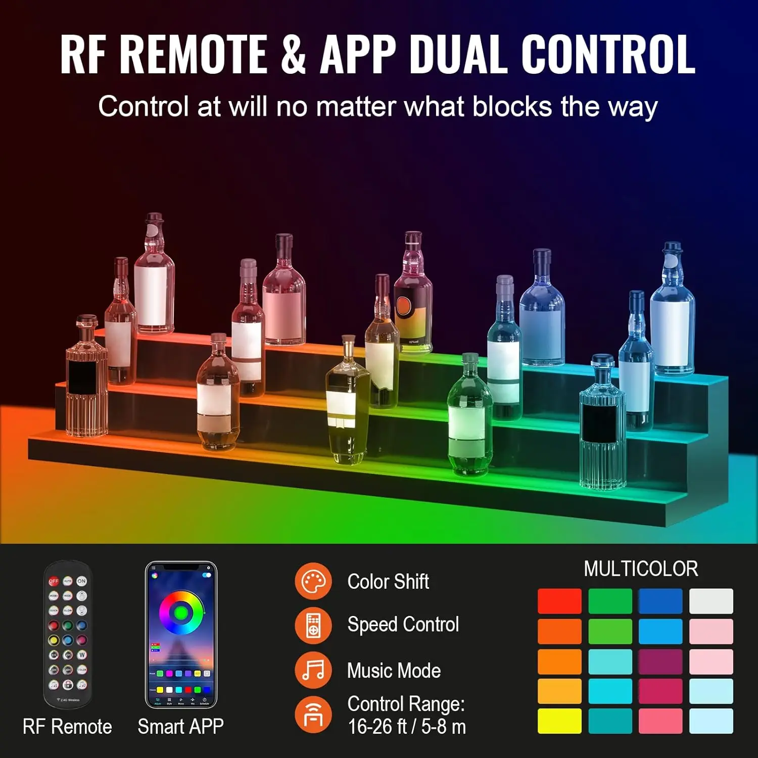 Display LED Iluminado Garrafa De Licor, Iluminado Home Bar Prateleira Com Controle Remoto RF, Suporta USB, 3 Tiers, 60 Polegadas