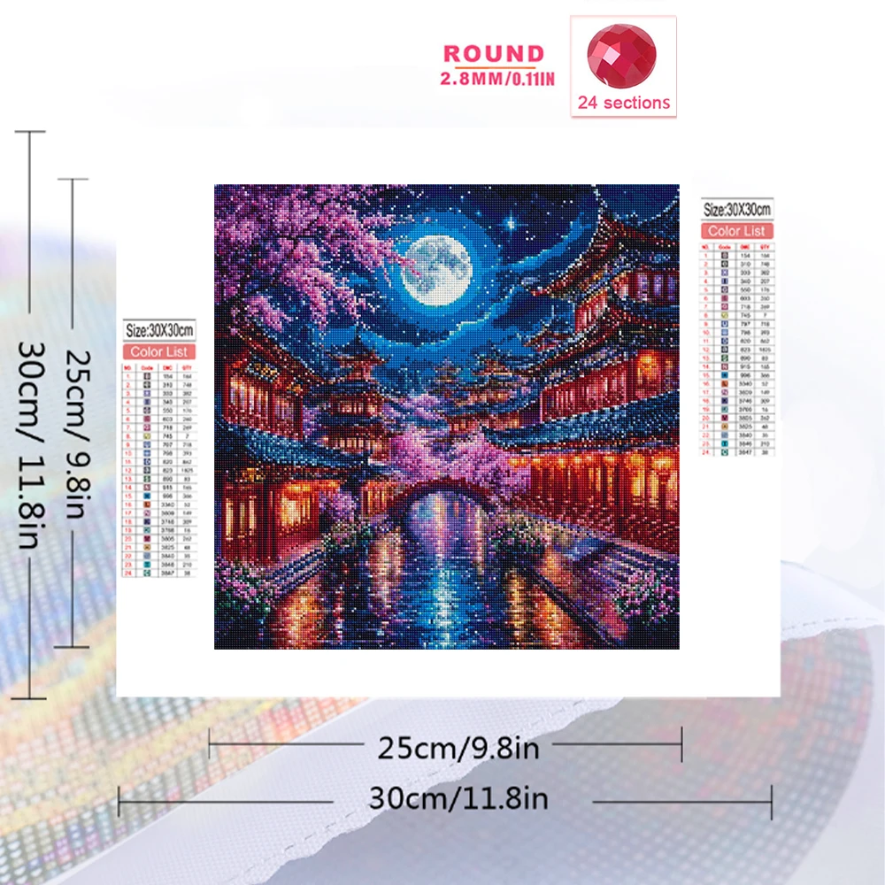 Evershine Diamond Mosaic Tower Full Drill Painting Street Landscape Rhinestones 5D Moon Embroidery Cherry Blossom Home Decor