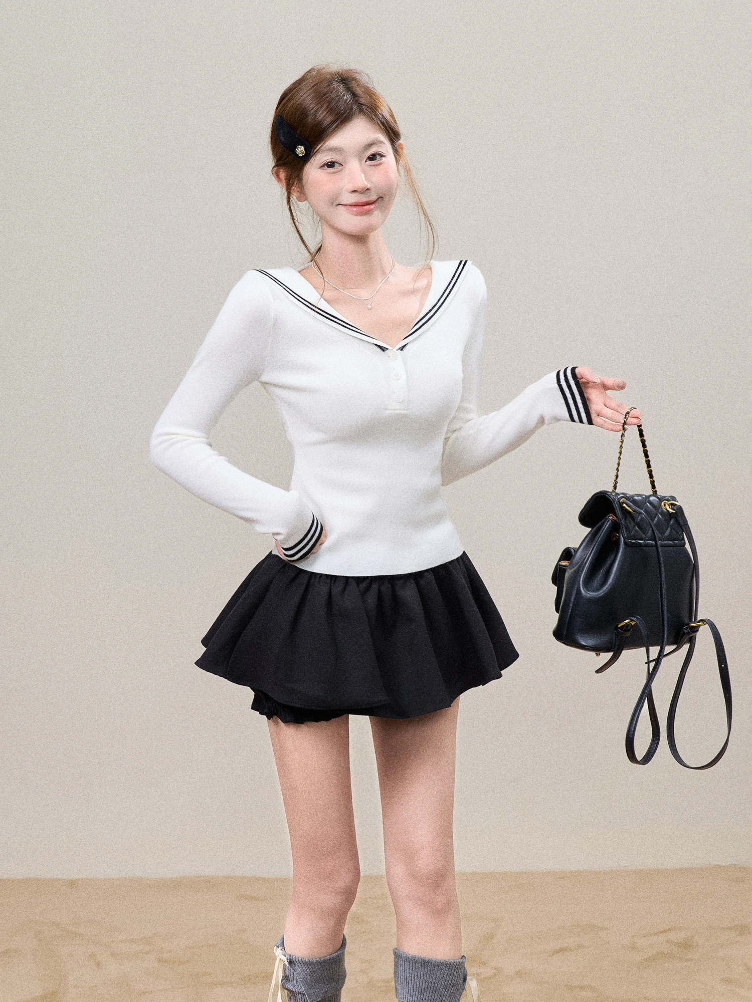 BBT Sweety Naval Collar Wool Knitted Long Sleeve Base Shirt Women's Fashionable Slim Fit Knitwear College Style Spring Commute