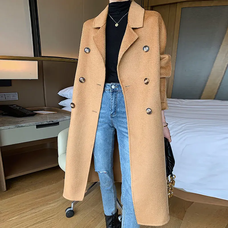 

Water ripple double-sided woolen coat for women, long slim fit Korean loose fitting woolen coats spring autumn winter 2024 new