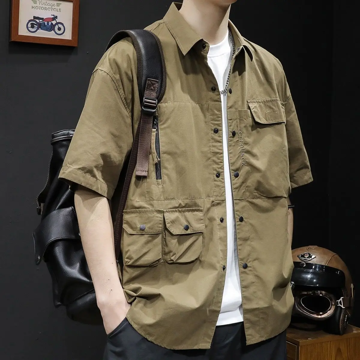 Men\'s Shirt Green Cargo Oversize Male Shirts with Pocket Xxl Sleeves High Quality Luxury Japanese Vintage Casual Designer Social