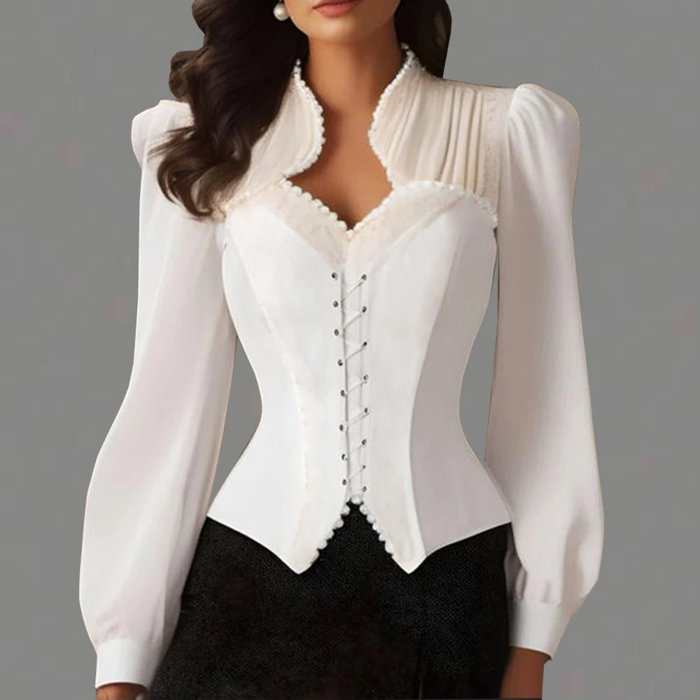 Women's Elegant Corset Blouse Shirt Solid Color Slim Fit Puff Sleeve Lace Up Bustier Formal Evening Party Wedding Blouse Shirts