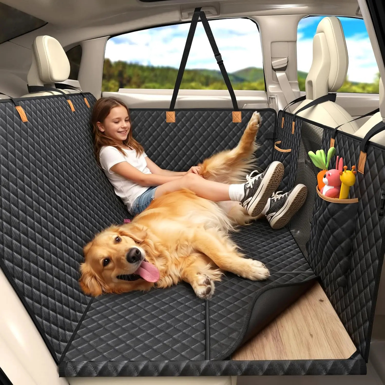 

Universal Dog Car Seat Extender, Hard-Bottom Hammock Supports 400 lb, Waterproof with Mesh Window & Storage Pockets, Black