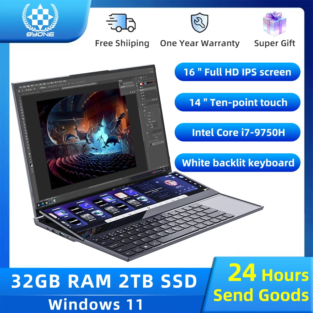BYONE Dual Screen Gaming Laptop Intel Core i7 9750H 16 inch +14 Inch Touch Screen Laptop 16GB 32GB RAM 1T 2TB SSD Metal Laptops