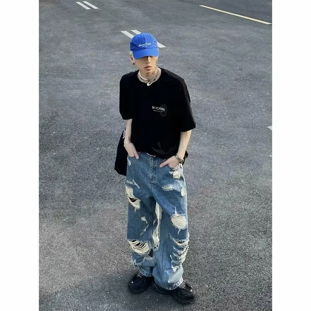 Retro männer Casual Gerade Ripped Loch Gewaschen Jeans Koreanische Mode Lose Blau Denim Bodenlangen Hosen
