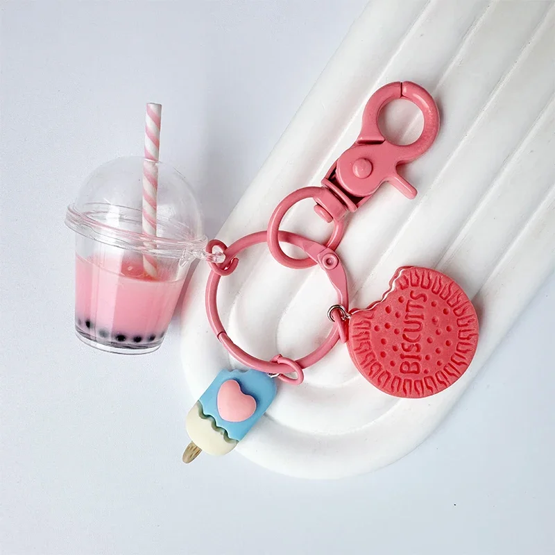 Cute Keychains Ice-cream Bubble Tea Biscuit Pink Key Rings Friendship for Best Friend Women Girl Handbag Gift Jewelry Key Chains