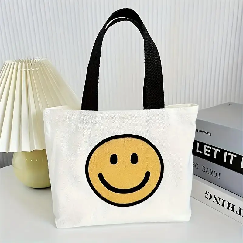 

1-Piece Cute Cartoon Flowers and Smiling Face Canvas Handbag for Women, Handheld Lunch Bag, Trendy Fashion Handbag