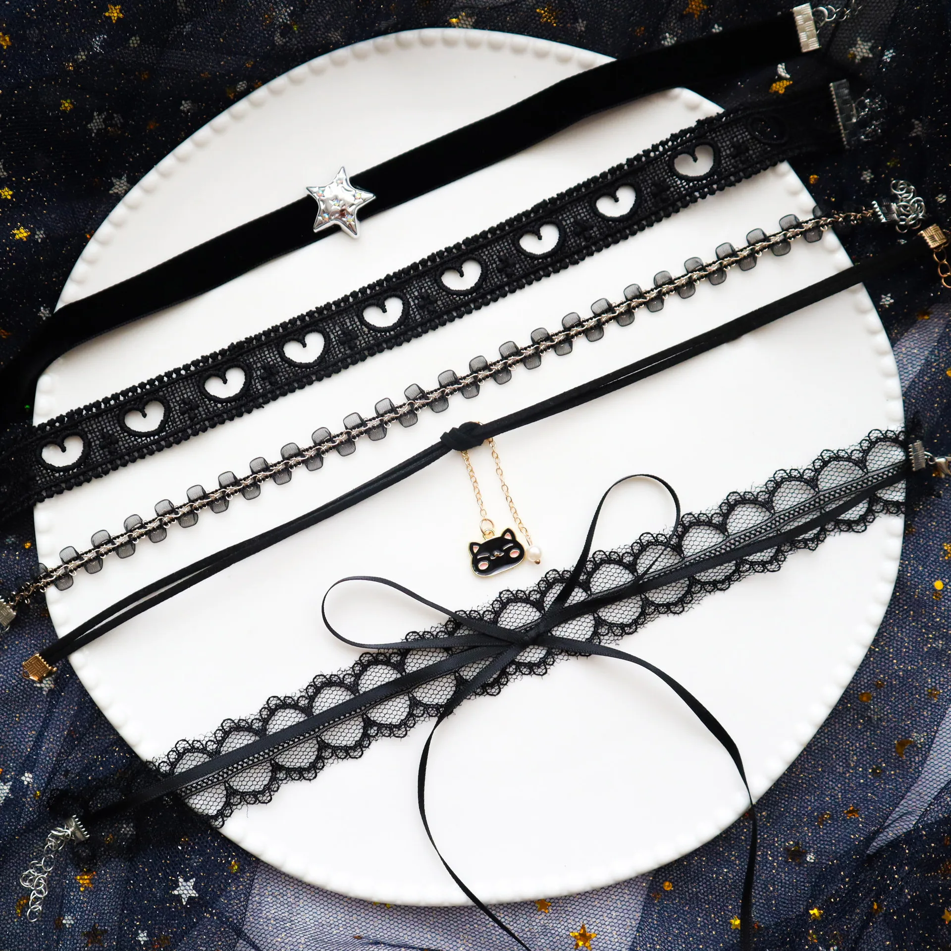 Hohle herzförmige Stern Anhänger schwarze Spitze Halsband Halskette Schlüsselbein Kette Harajuku Sexy Accessoires Frauen Y2K Schmuck Geschenk