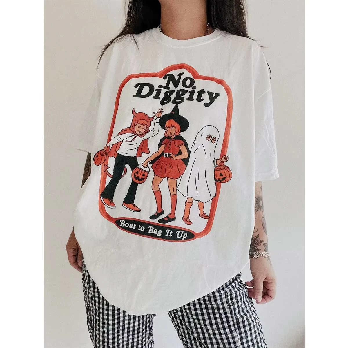 

No Diggity Funny Cartoon Printing Halloween T Shirts Women Loose Cotton Short Sleeve White Tops Tees Vintage Style Casual Shirts