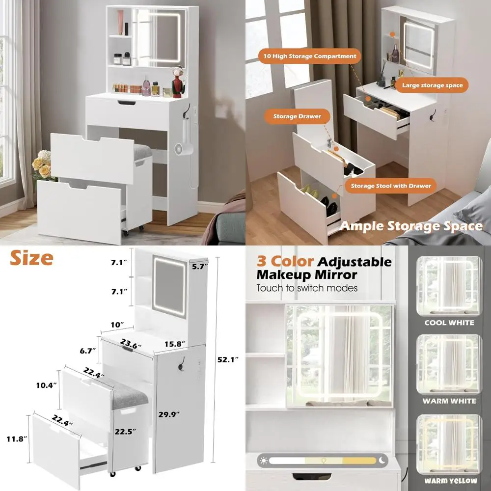Compact Makeup Vanity Desk with Adjustable Lighted Mirror and Movable Storage Chair for Small Spaces in White