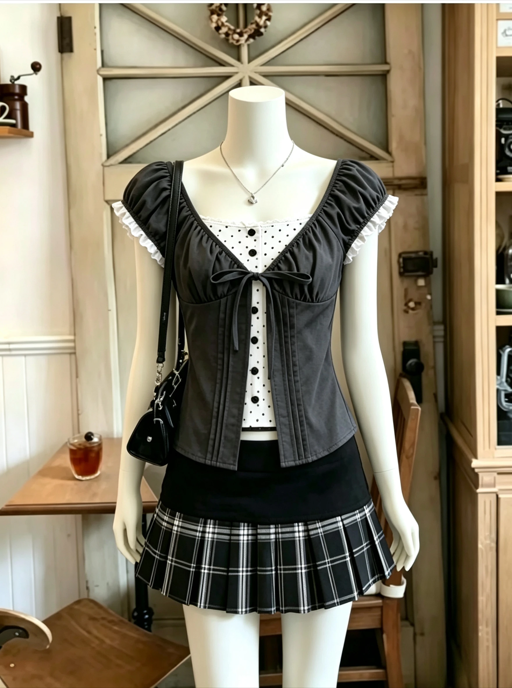 Conjunto de Dos Piezas Retro Dulce Y2K para Mujer, Camisa de Manga Corta a Cuadros, Falda Plisada de Cintura Alta, Estilo Harajuku para Chicas Modernas, Atuendo Combinado de Verano