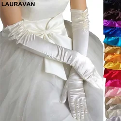 Luvas longas frisadas de cetim para mulheres, elegantes luvas de casamento para noiva, luvas de casamento com dedos vermelhos, pretos, brancos, marfim, 1 par