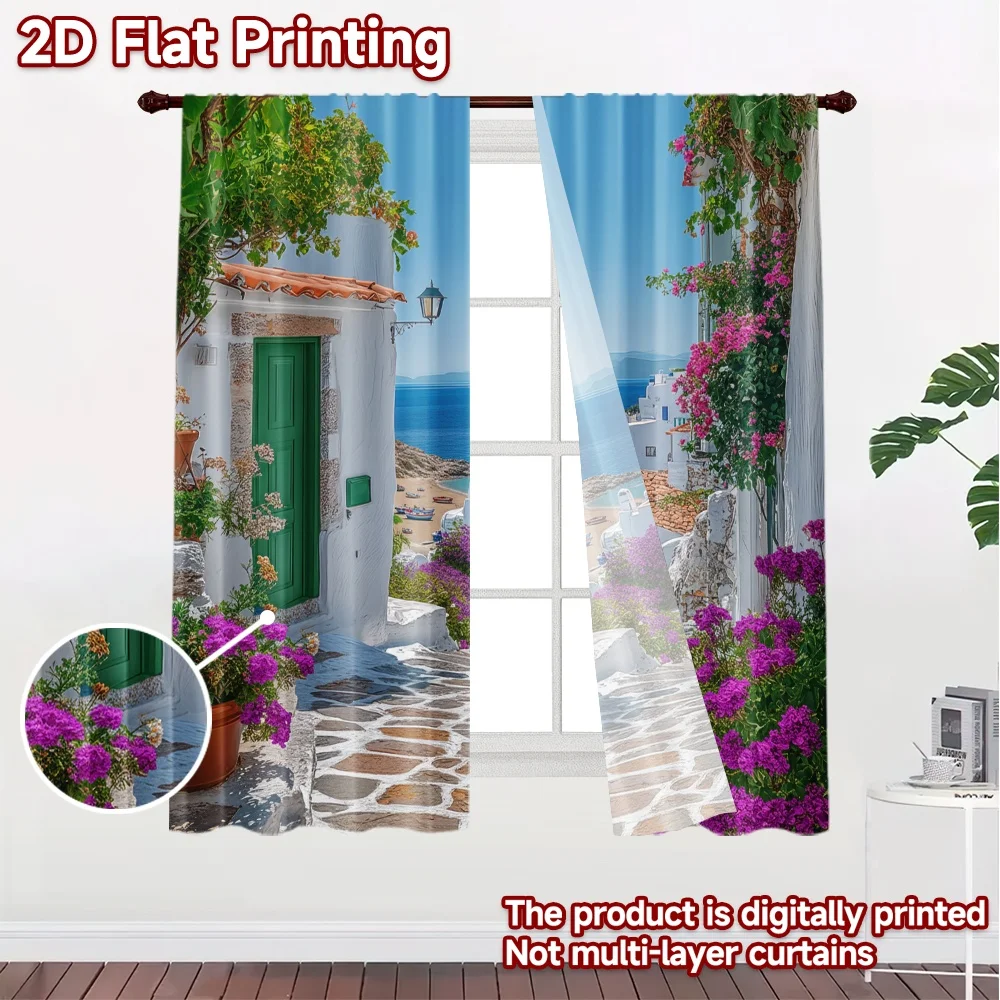 2pcs Mediterranean Sea View Curtains Blackout Drapes for Living Room Home Decor Blue Ocean White House Flower PrintWindow Panels