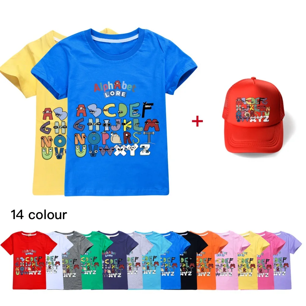 

Girls Boys Alphabet Lore T-Shirts Summer Short Sleeve Kids Printing Cartoon T Shirts+hats 2-16 Years Old Casual Tops Tees Costum