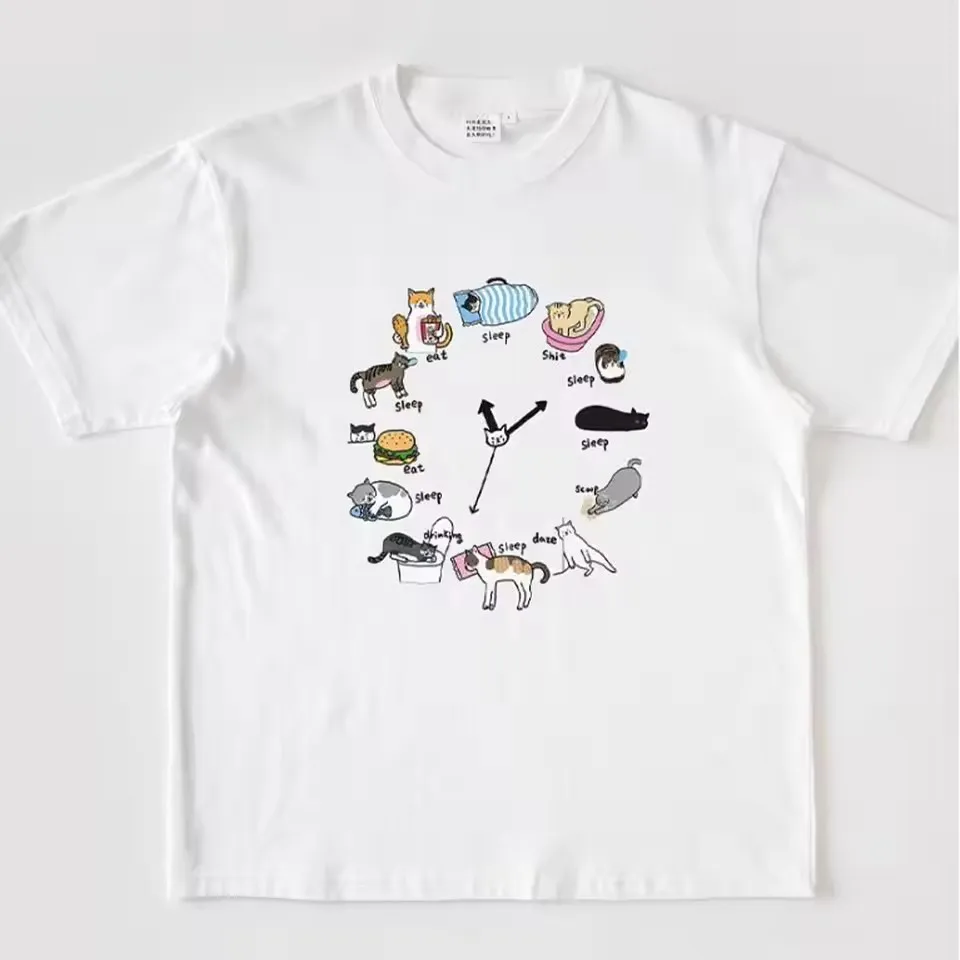 Unisex Funny Cats Clock Print T-Shirt Cotton Short Sleeve Loose Graphic Top Tees Ins Fashion Cute Women Tee view 3