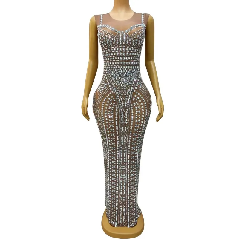 

Luxury Silver Rhinestone Bodycon Long Dress Mesh Stretch Sleeveless Party Birthday Celebrate Evening Outfit Singer Stage Costume
