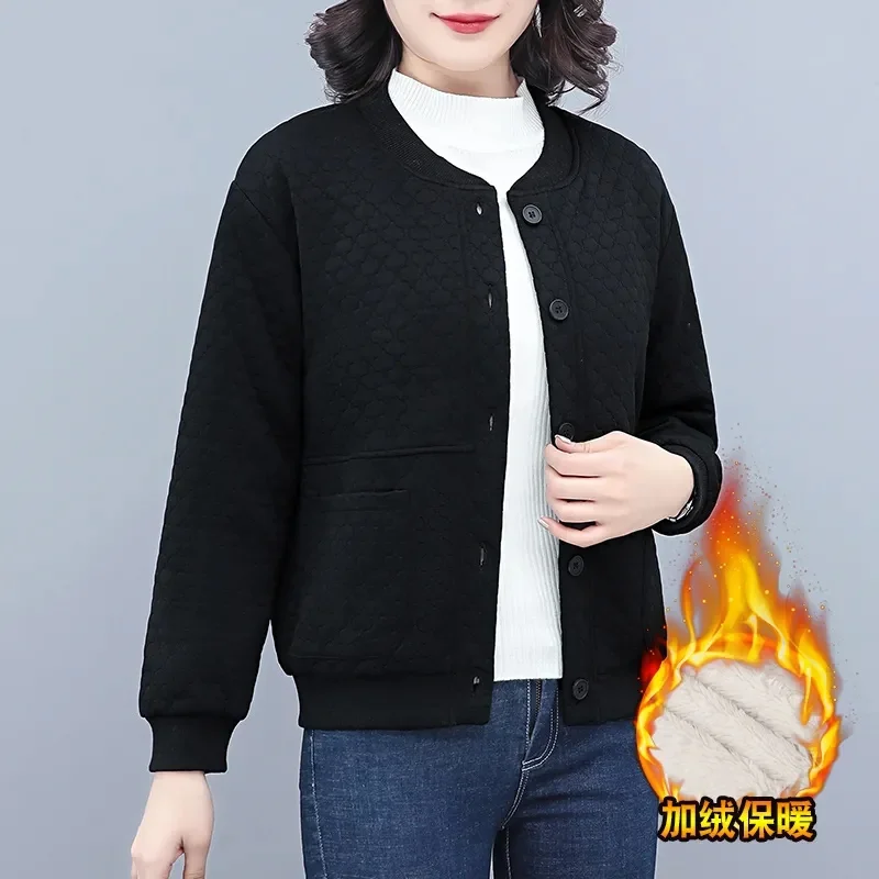 Primavera outono inverno jaqueta de pelúcia feminina de meia-idade idosos mães roupas elegante e quente mostrando cardigan curto