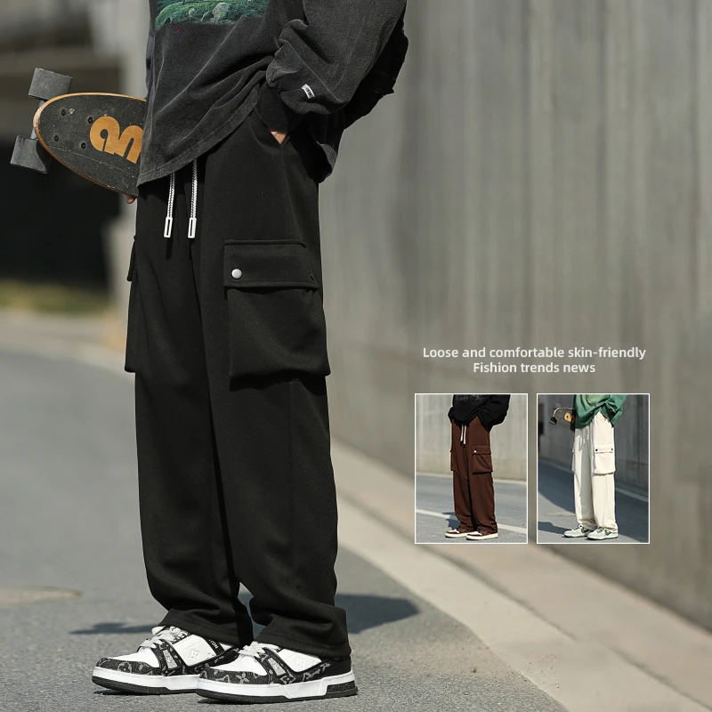 Cargo Pants Man's High Waist Drawstring Fashion Workwear Casual Trousers Trend Slim High Street Straight Ninth Pants Streetwear