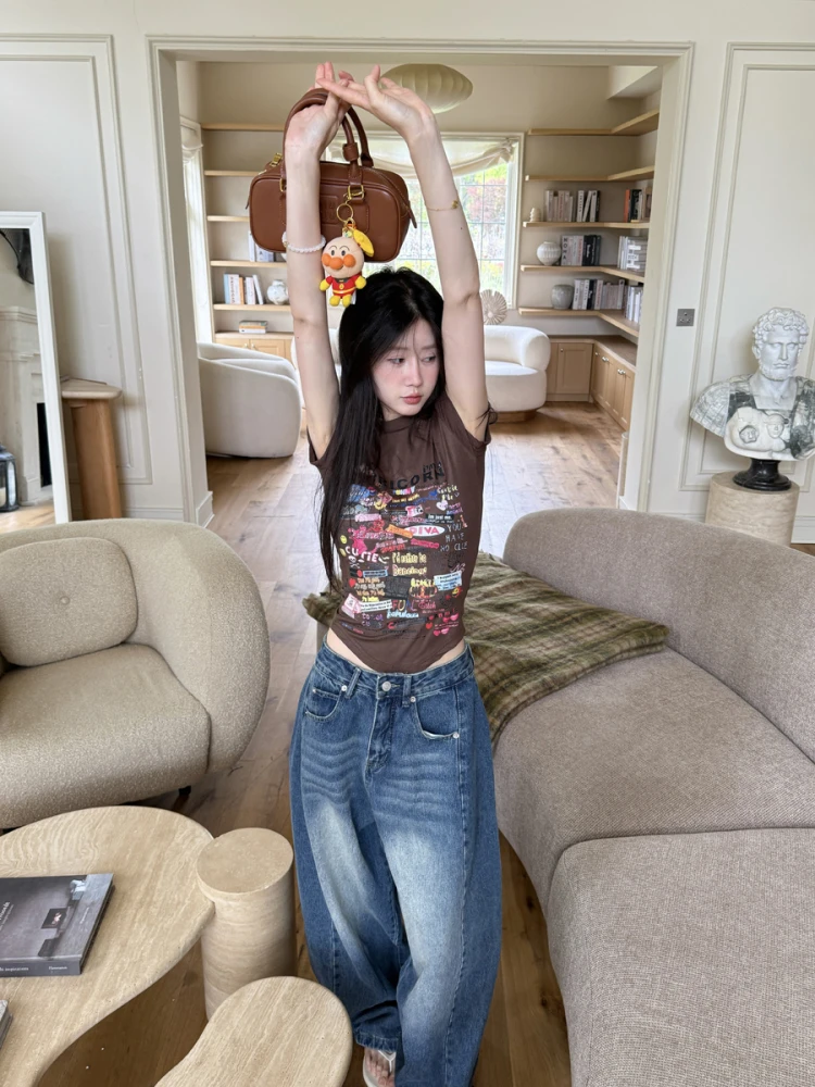 

Женская футболка Slimming ort Sve в американском ретро-стиле с графическим принтом, стандартный крой, летний топ.