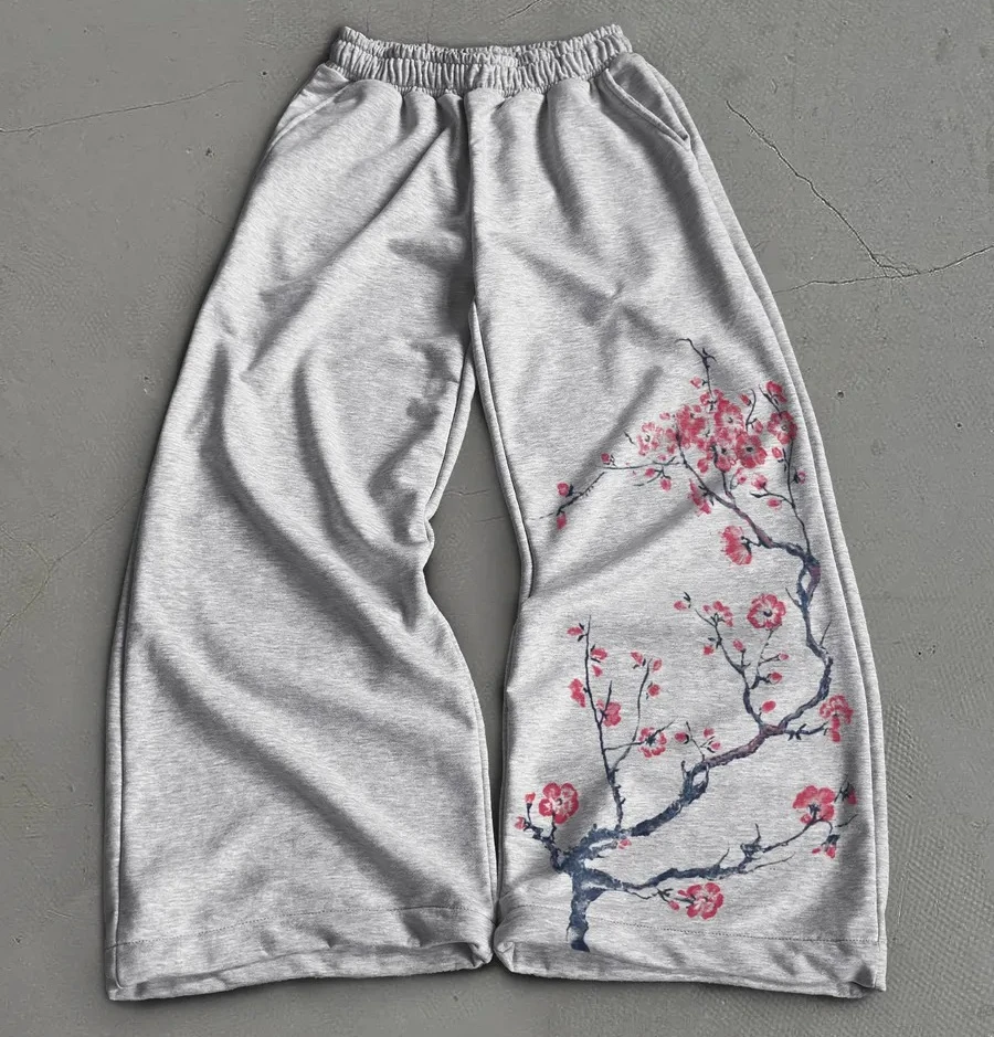 Women Black Dragon Cherry Blossom Print Wide Leg Sweatpants, Elastic Waist Loose Straight Leg Streetwear Casual Lounge Trousers