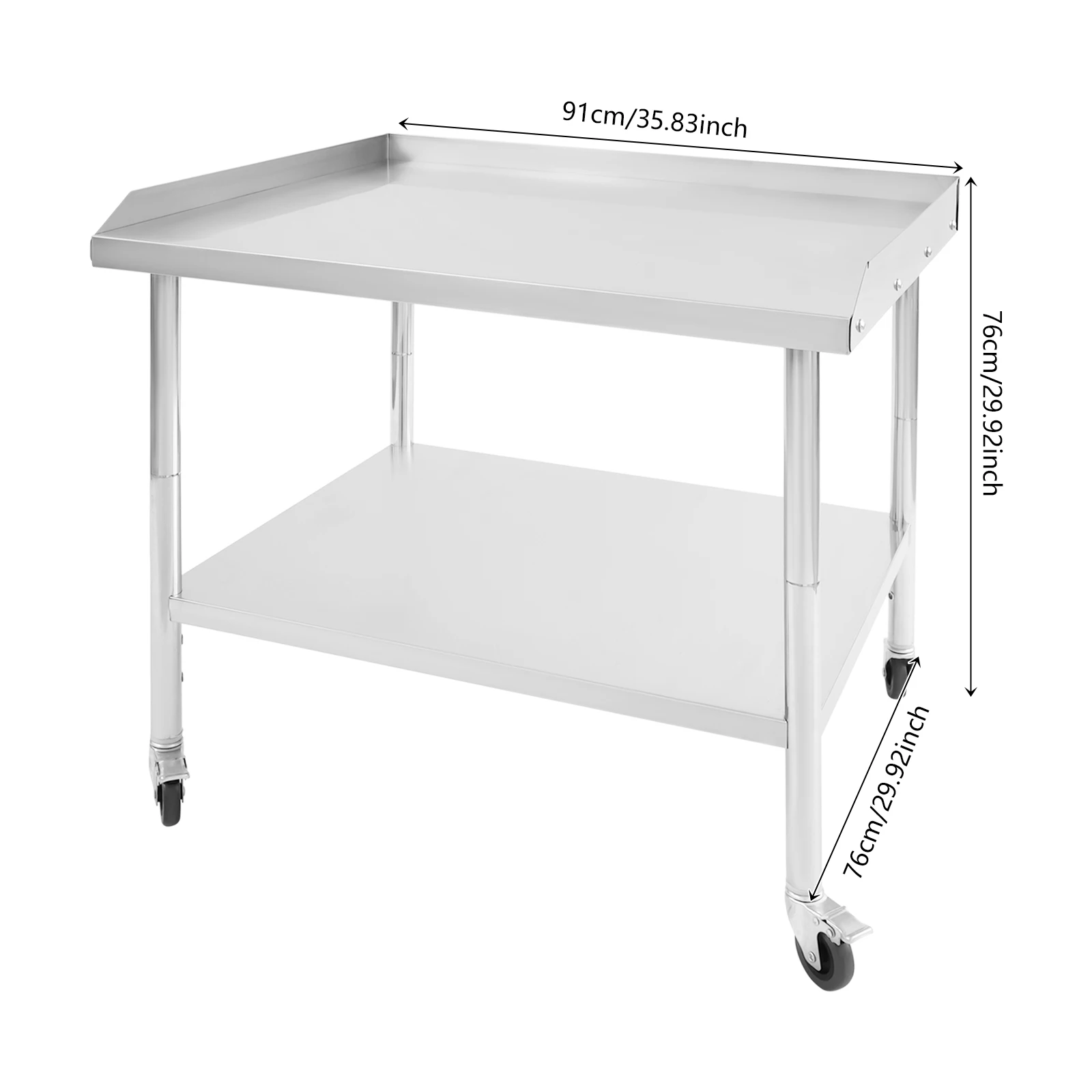 Mesa de trabalho moderna prateada de 2 camadas, 91*76*76cm, mesa de trabalho de aço inoxidável, mesa de preparação comercial de chão com 4 rodas
