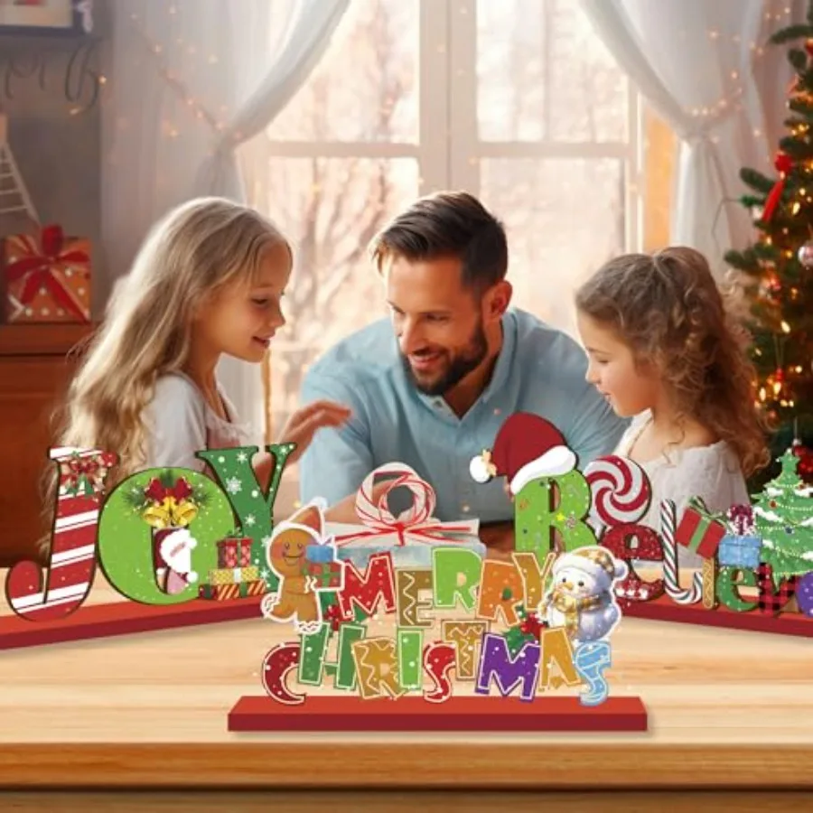 3Pcs Christmas Table Decorations Merry Christmas Tabletop Wooden Sign and Blieve Sign Joy Wood Sign Centerpiece Table Decoratio