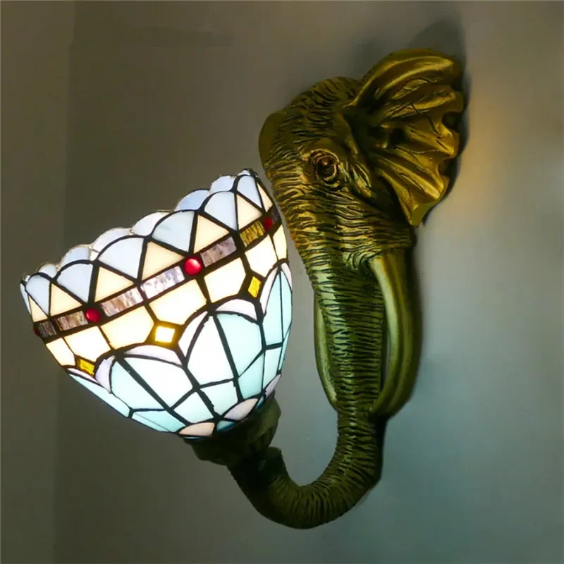 BELLE Tiffany Elephant Wall Lamps Vintage Bedroom Bathroom Mirror Front Lamp Hotel Restaurant Stained Glass Wall Lamp