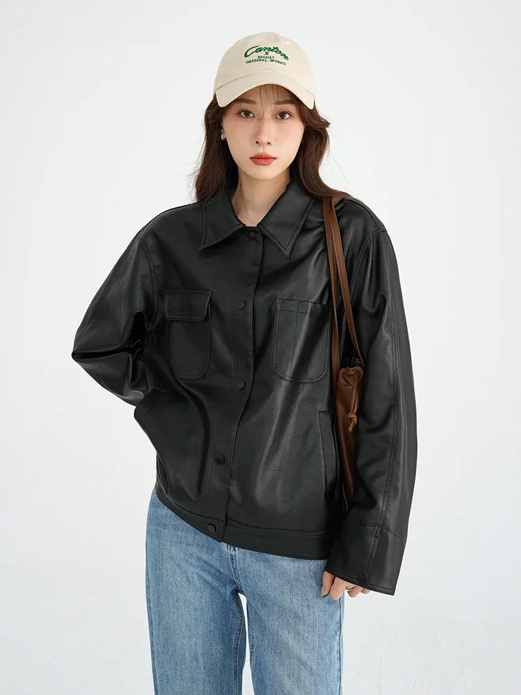 Vintage jaket wanita musim dingin, pakaian luar kulit buatan kualitas tinggi, mantel wanita klasik dan Chic, pakaian populer Korea