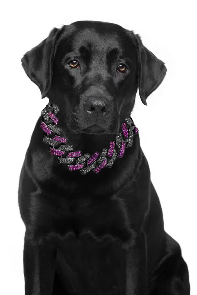 14/15mm Purple Lab Diamond Dog Cuban Chain Collar Secure Buckle Pet Necklace Jewelry Accessories For Small Medium Large Dogs Cat