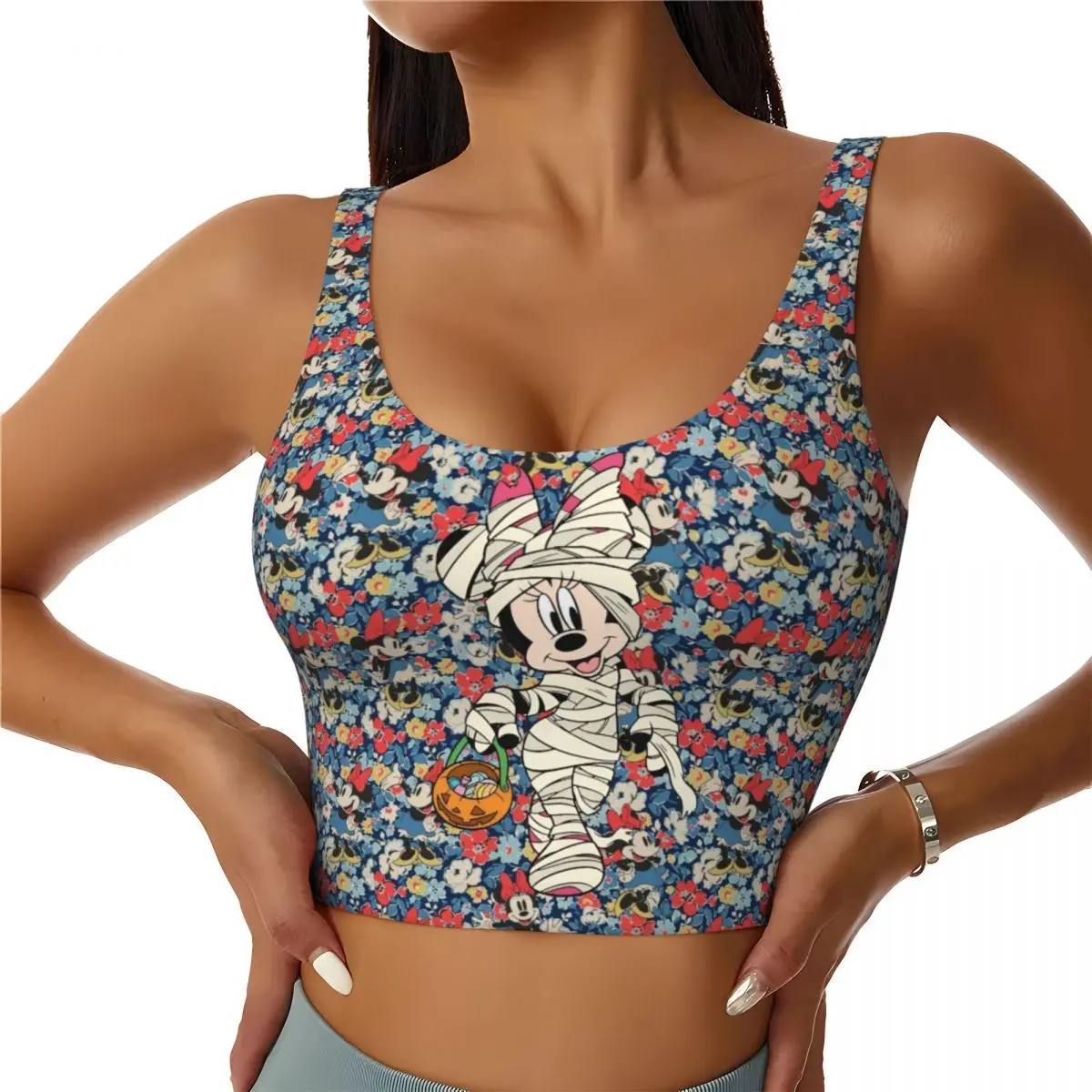 

Custom Women Fashion Minnie Mouse Halloween Sports Bra High Impact Gym Workout Running Crop Tank Tops