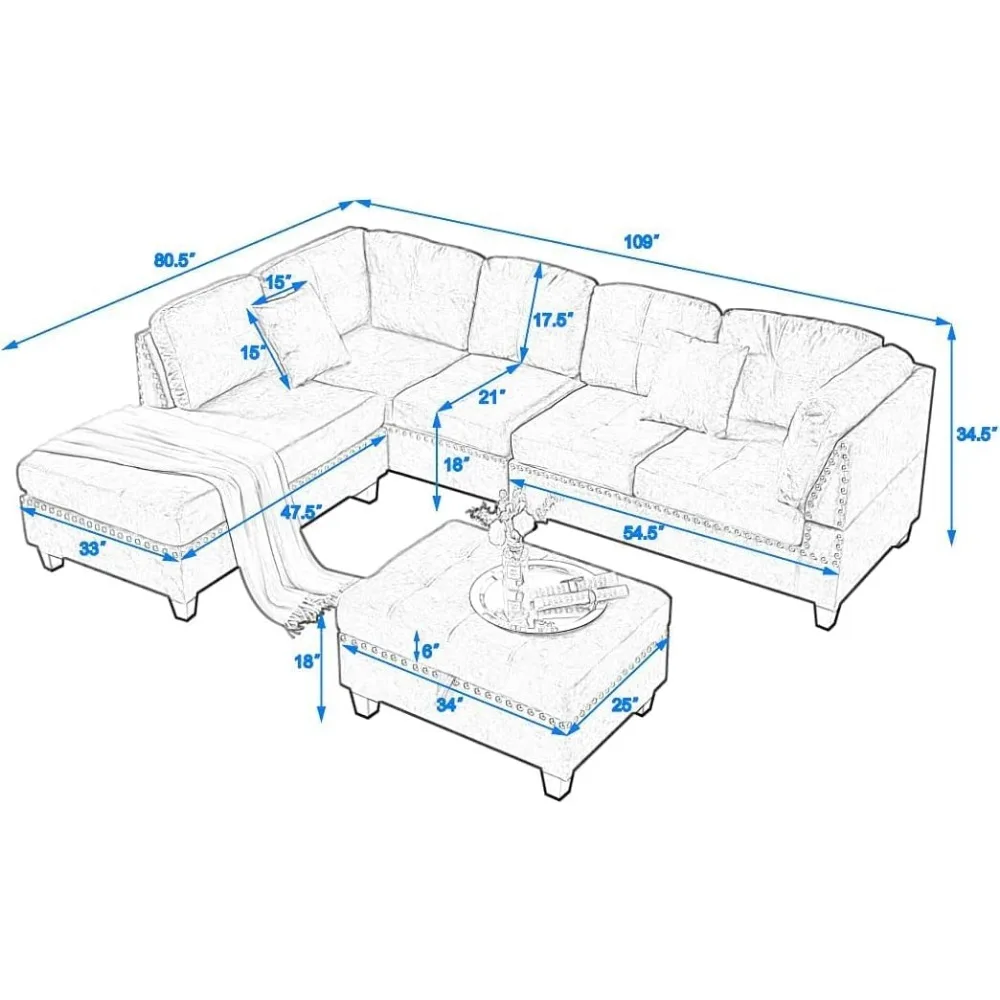 Sets,Sectional Sofa with Storage Ottoman,L-Shaped 2 Pillows&Extra Wide Reversible Chaise,Upholstered Couch