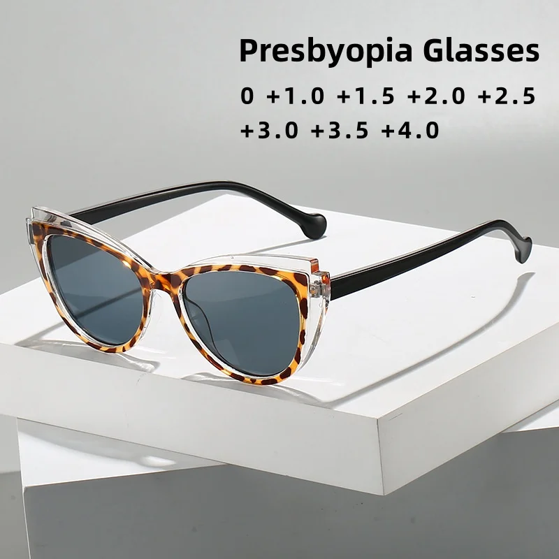 

New Fashionable Cat Eye Presbyopia Glasses Women High-definition Anti Blue Light Color Blocked Glasses Diopter To +4.0