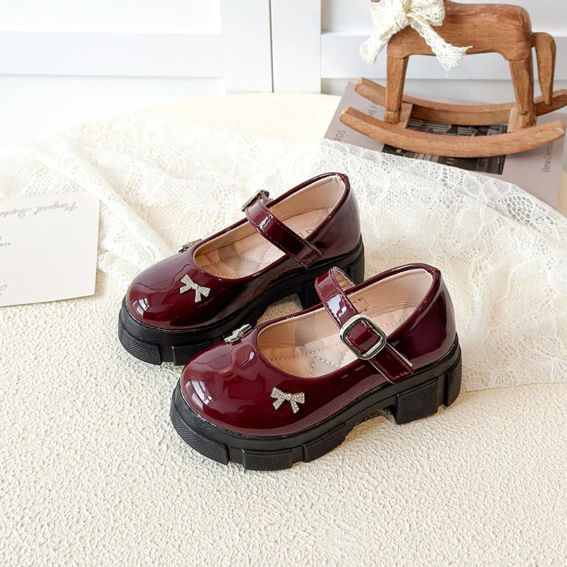 Girls Shiny Rhinestone Bow Mary Jane Shoes Children Leather Shoes for Party Wedding Kids School Uniform Shoes Spring Autumn New