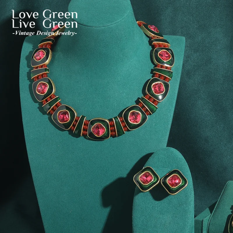 

Vintage Necklace Earrings Square Jewelry Sets For Women Wedding Green Enamel Pink Crystal Bead Luxury Christmas Suit 2025 New